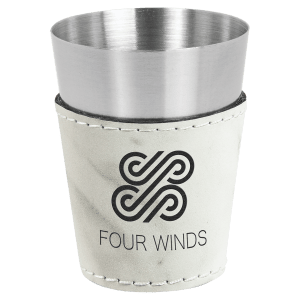 2 oz. White Marble Laserable Leatherette & Stainless Steel Shot Glass