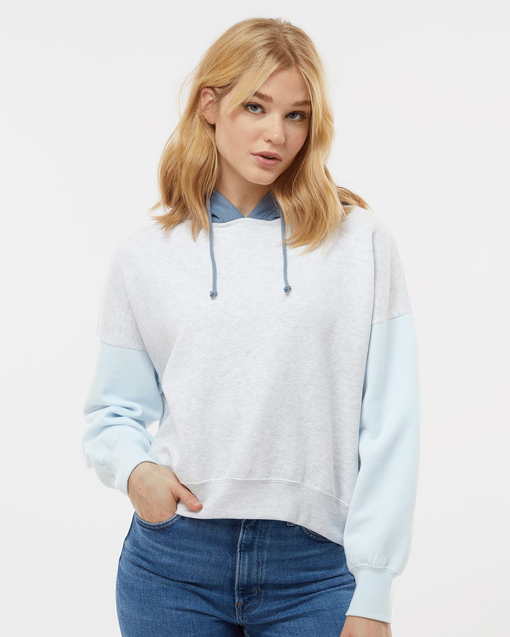 Women's Sueded Fleece Colorblocked Crop Hooded Sweatshirt
