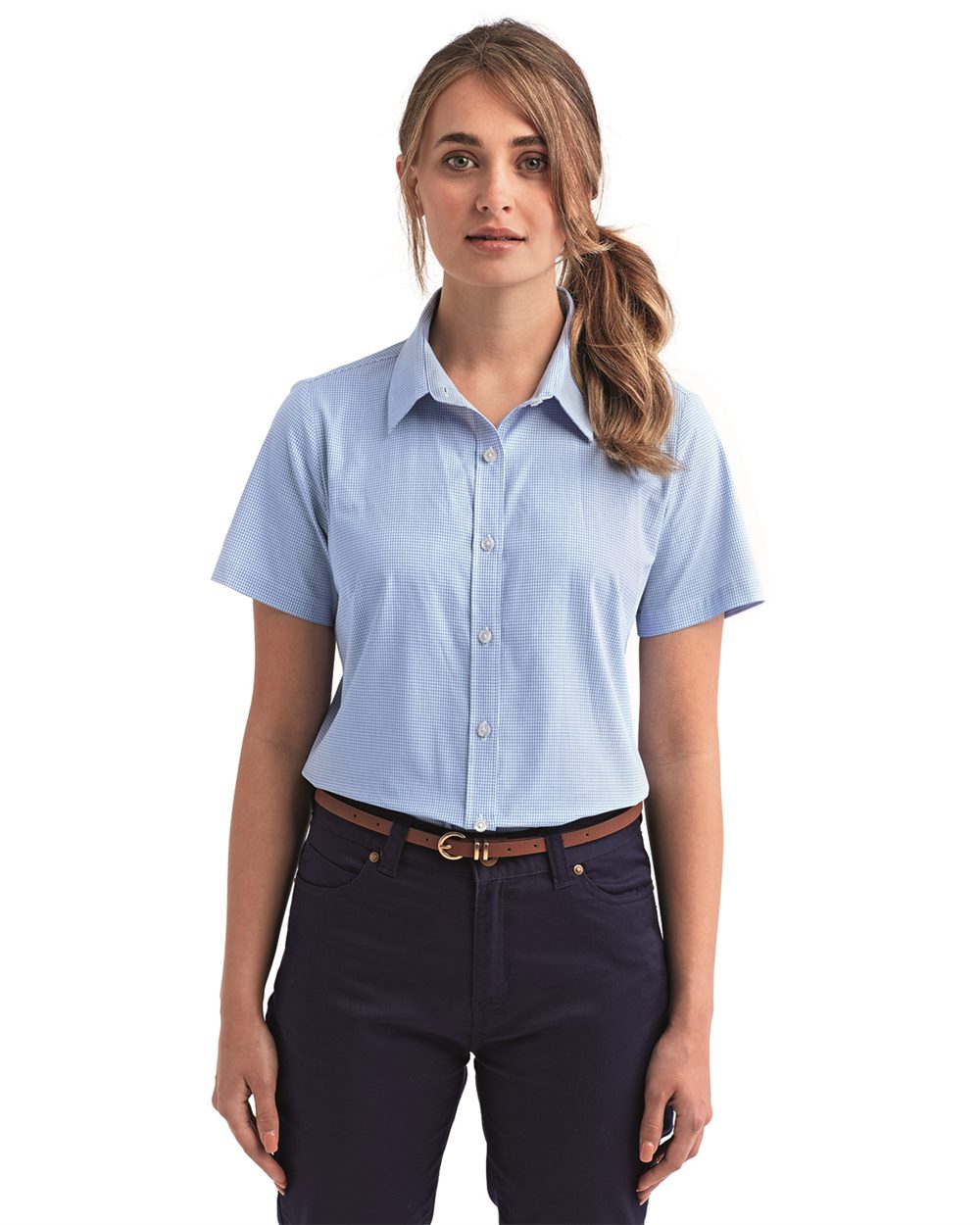 Women's Microcheck Gingham Short Sleeve Cotton Dress Shirt