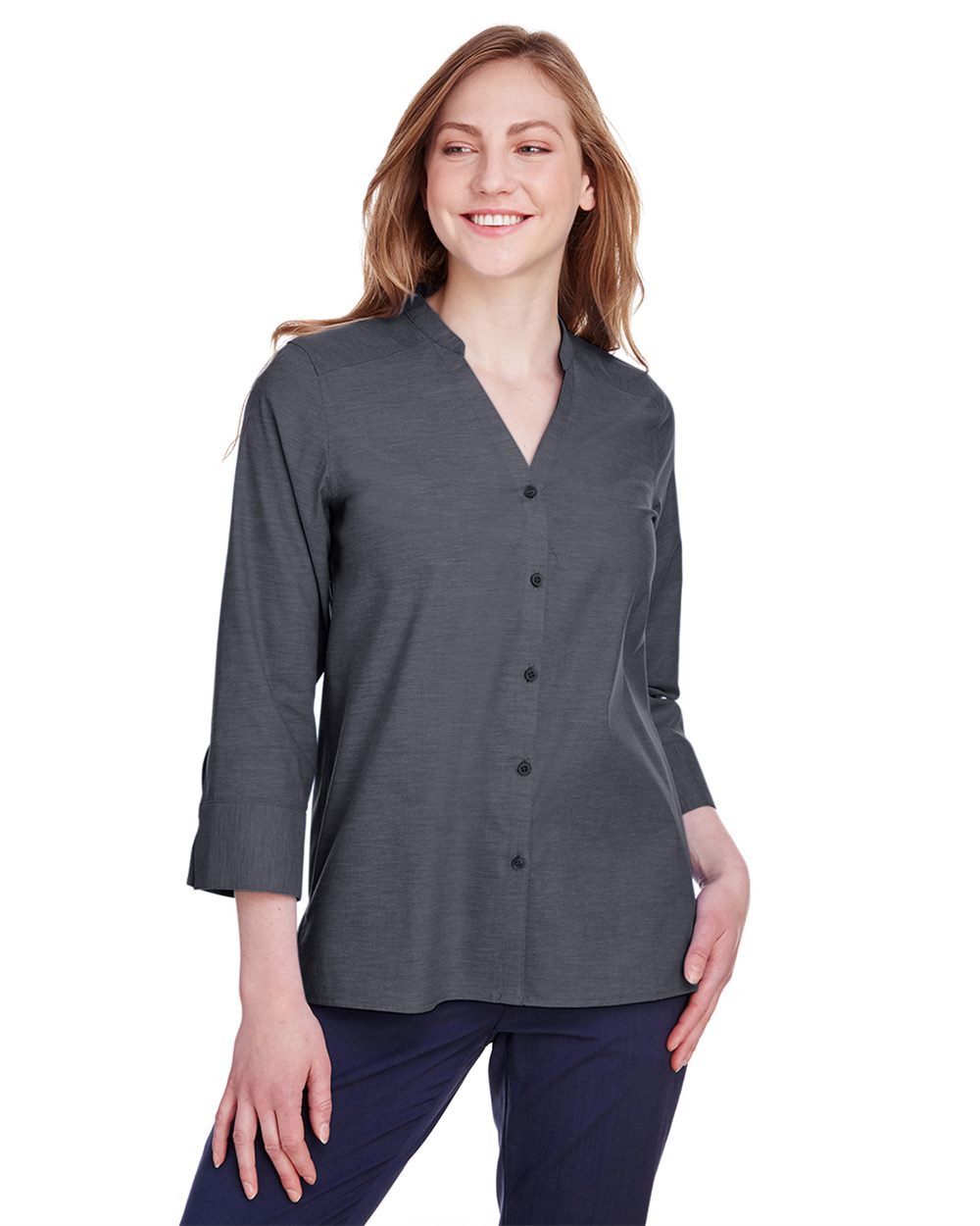 Women's Crown Collection® Stretch Pinpoint Chambra Three-Quarter Sleeve Shirt